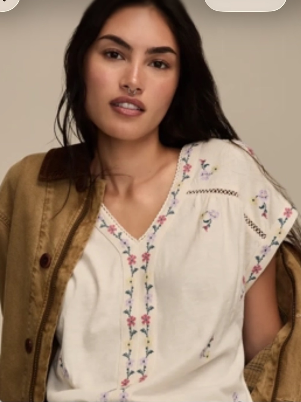 Lucky Brand Cream Floral-Embroidered V-Neck Blouse